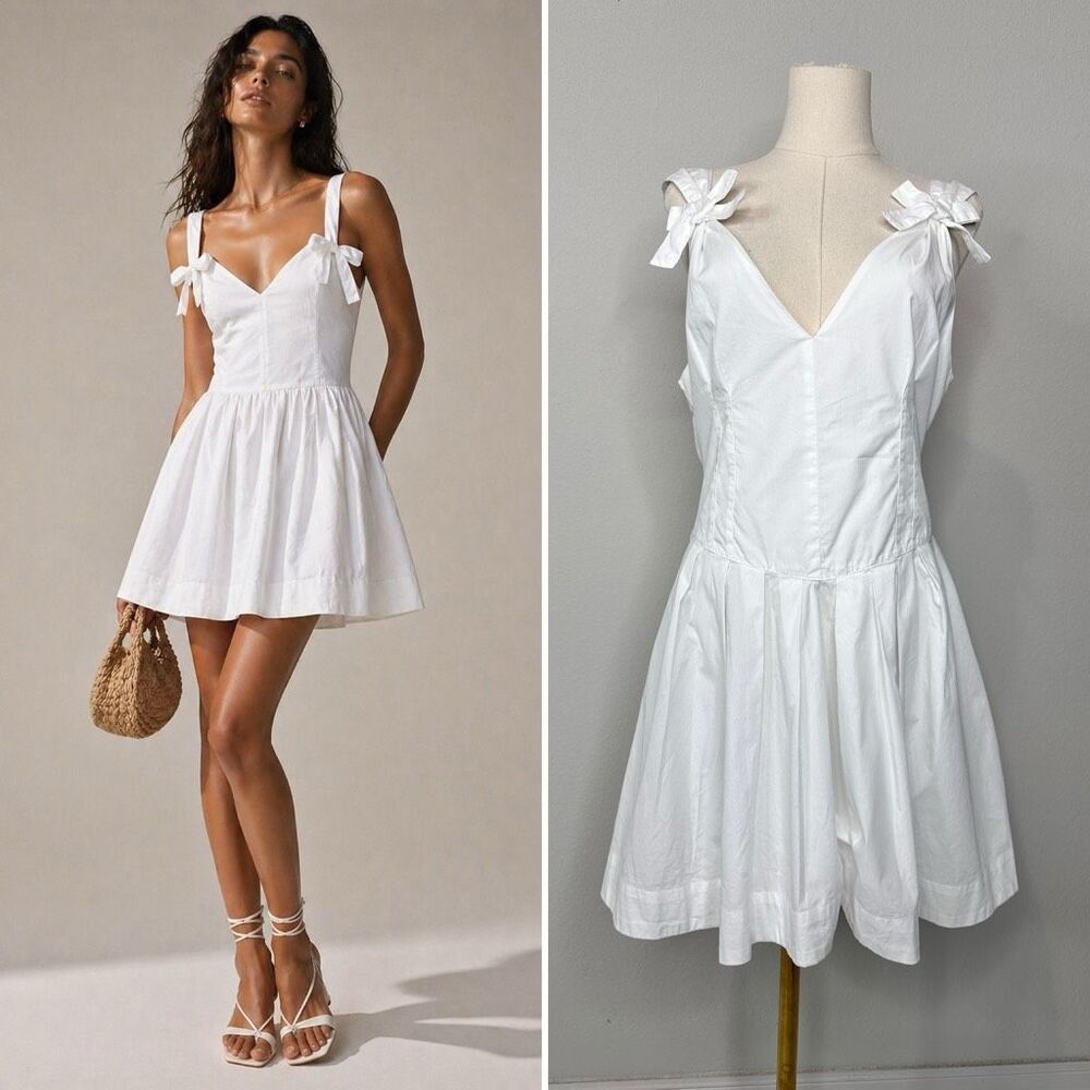 Free People Lennon Mini Dress White Bow Fit Flare L Coquette Cottage Graduation